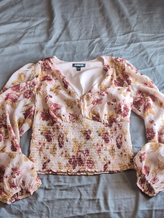 Express Tops - Express Blush Floral Smocked Waist Long Sleeve Top